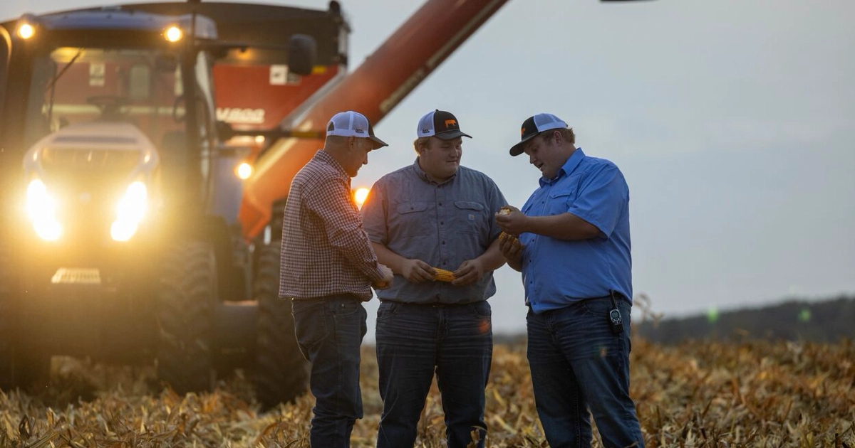 Adams family talking in the field during harvest